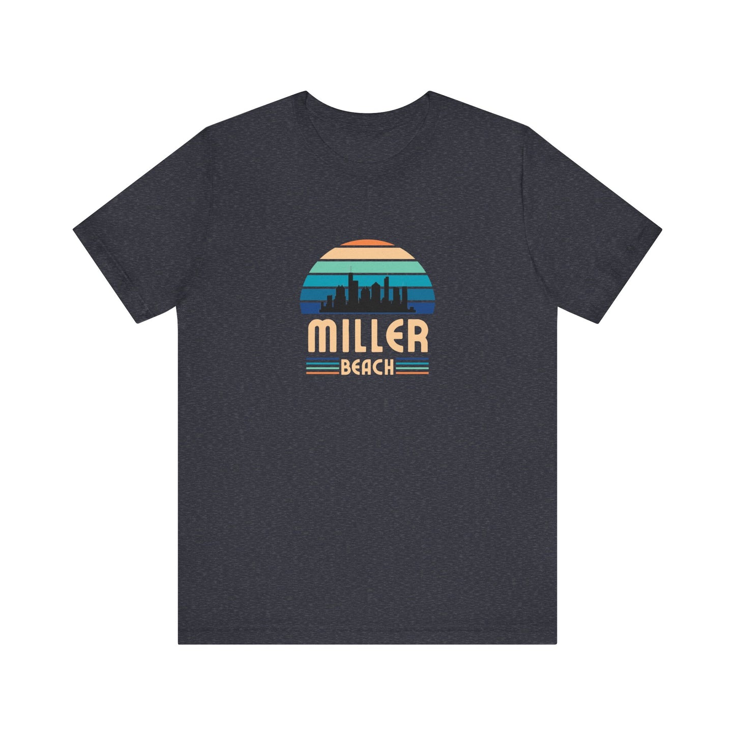 The Printify Miller Beach Chicago Skyline - Unisex Jersey Short Sleeve Tee is a light blue T-shirt featuring a stylized graphic of the Chicago skyline against a setting sun with gradient shades of blue and orange. Below the graphic, "Miller Beach" is printed in bold, yellow letters.