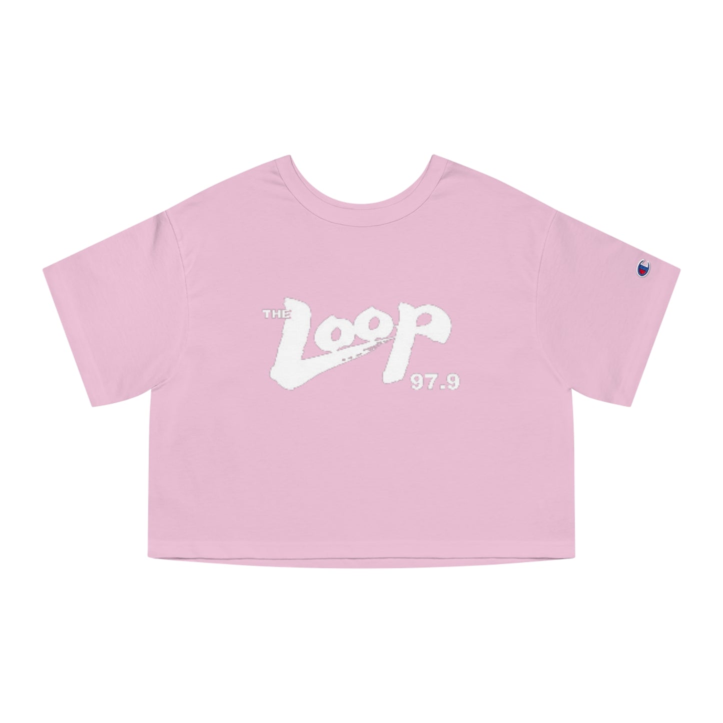 A black, 100% cotton Champion Women's Heritage Cropped T-Shirt from Printify featuring the "The Loop 97.9" logo in white, stylized text across the chest.