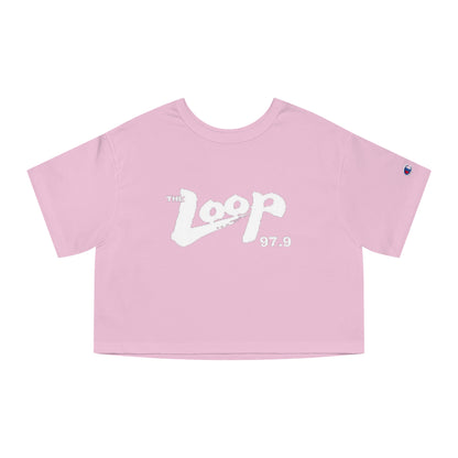 A black, 100% cotton Champion Women's Heritage Cropped T-Shirt from Printify featuring the "The Loop 97.9" logo in white, stylized text across the chest.