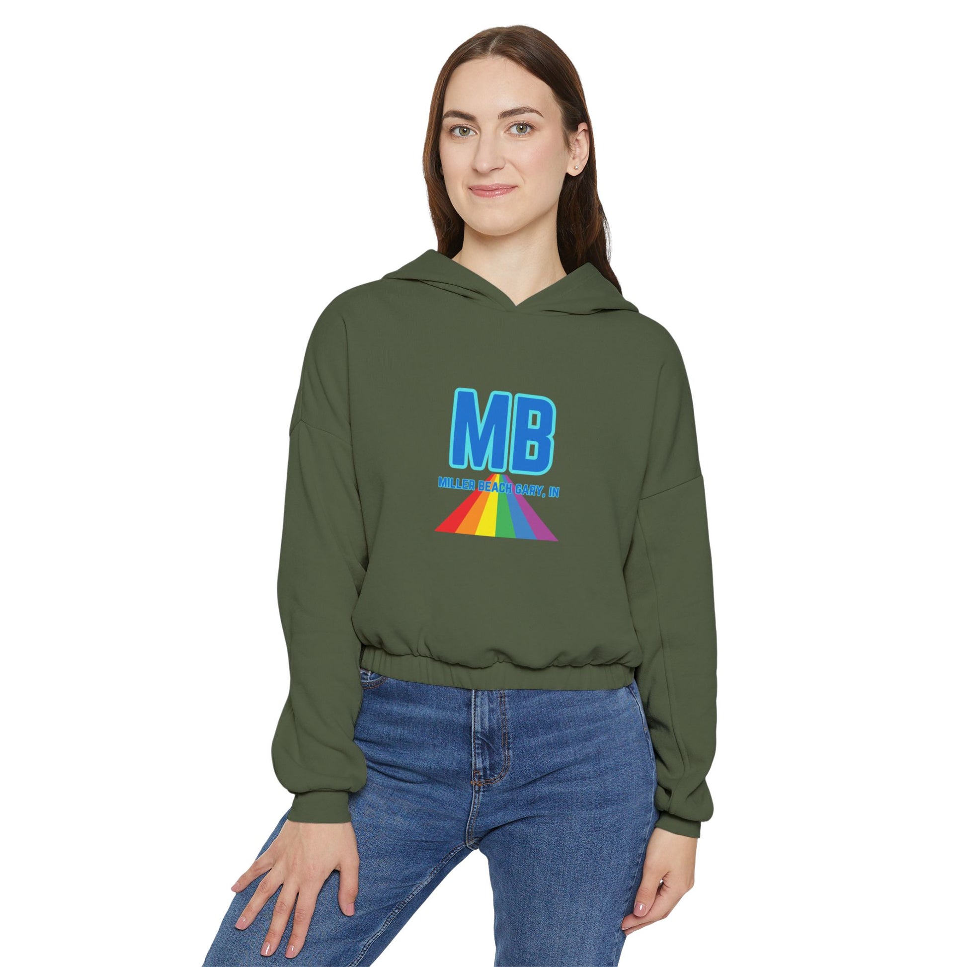 The Women's Cinched Bottom Hoodie from Printify, named "Miller Beach - Unity," is crafted in an oversized light gray design. It features a striking rainbow logo and bold blue "MB" letters on the front, with "MILLER & BARRY, INC." printed below. The casual style of this cotton-polyester blend is further accentuated by a lively triangular pattern.