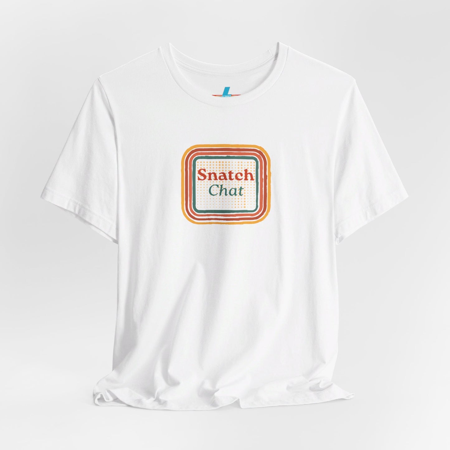 A light brown Snatch Chat - Unisex Jersey Short Sleeve Tee by Printify features the text "Snatch Chat" in the center, enclosed within a square composed of red, orange, yellow, and brown layers. This retro-designed tee is crafted from premium fabric and is showcased against a plain white background.