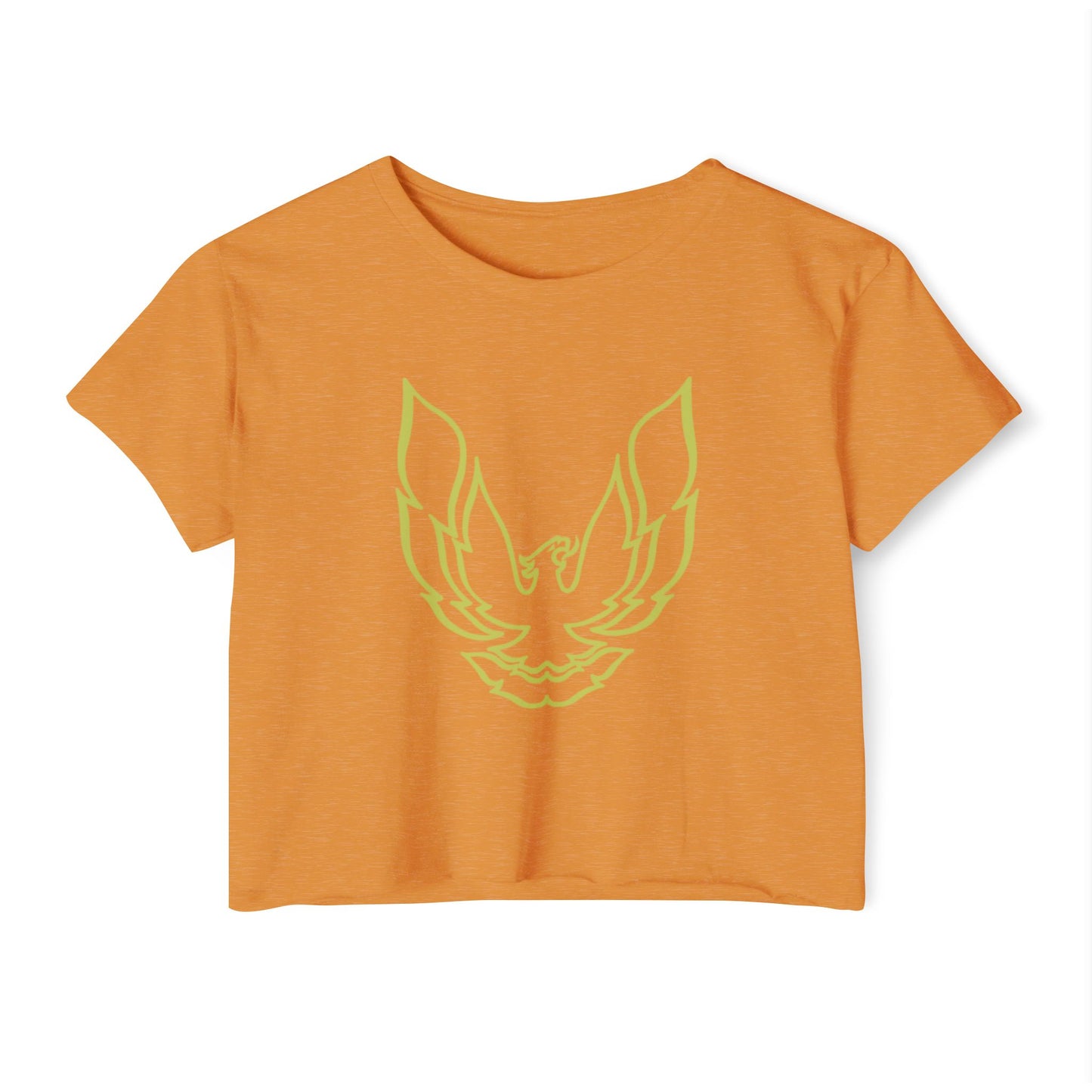 The Pontic Trans Am - Women's Festival Crop Top by Printify is a green heathered crop top featuring a large, stylized yellow eagle graphic with wings spread wide on the front, reminiscent of the Pontiac Phoenix Trans Am logo. With a simple crew neck and short sleeves, this top is ideal for vintage enthusiasts.