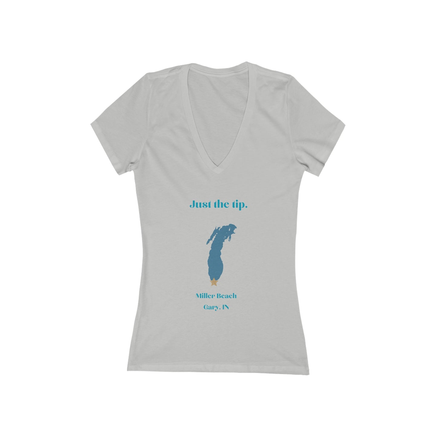 The Just the Tip - Miller Beach women's jersey short sleeve deep V-neck tee by Printify is a modern, feminine fit gray T-shirt. It features blue text reading "Just the tip." above a blue silhouette of the state of Michigan, with "Miller Beach Gary, IN." below it. This custom women's T-shirt offers both style and comfort.