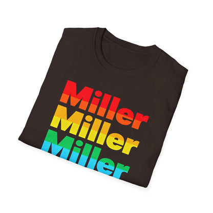 Miller Beach Rainbow Retro Tee — Vintage Stack Name Pride T-Shirt