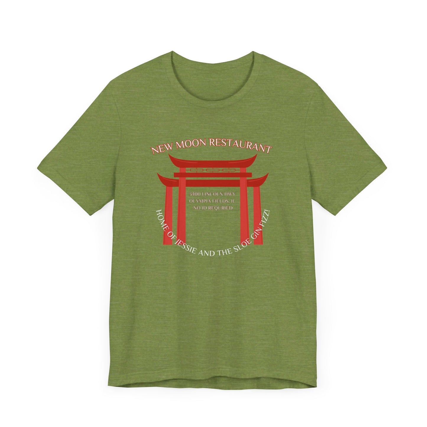 The New Moon Restaurant - Olympia Fields 1980s Retro Unisex Jersey Short Sleeve Tee by Printify is a nostalgic black jersey that features a red torii gate graphic with the text "New Moon Restaurant" at the top. Below the gate, it reads "Home of Tessie and the Slo Poke Mai Tai," along with the address "8400 Lincoln Blvd, Olympia Fields, IL.