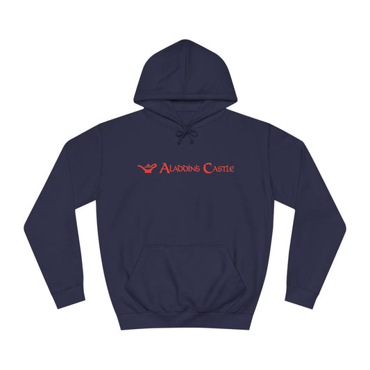 A navy blue unisex college hoodie from Printify, showcasing a red logo and the text "Aladdin's Castle Arcade" on the front. The design is simple and centered, capturing gamers' nostalgia with its casual and stylish retro 1980s vibe.