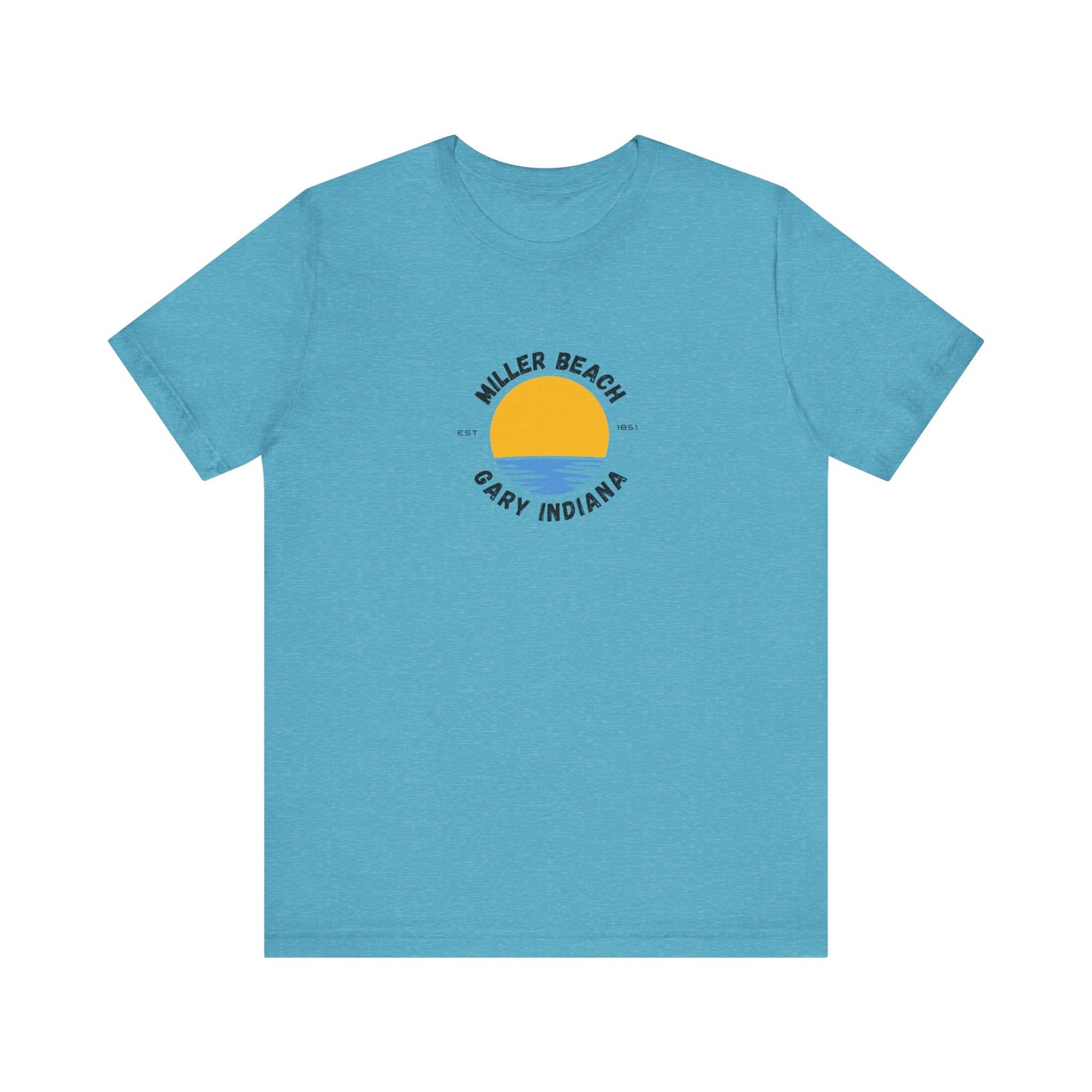 The Miller Beach Gary Indiana EST 1851 - Unisex Jersey Short Sleeve Tee by Printify is a classic blue unisex shirt featuring a vibrant graphic design of a yellow sun setting over blue waves. The text surrounding the artwork reads "Miller Beach" at the top and "Gary Indiana" at the bottom, making it an ideal tribute to this cherished location.