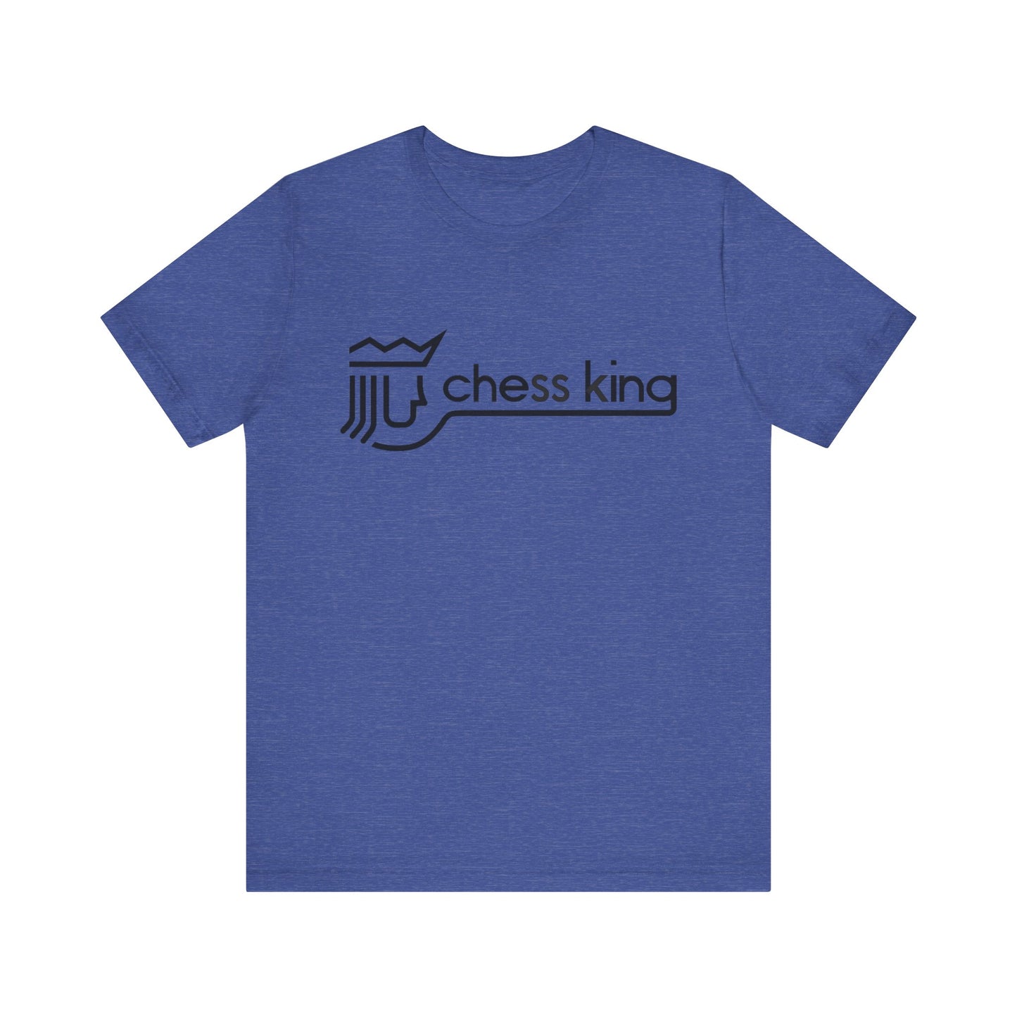 A unisex jersey short sleeve tee from Printify, featuring the Chess King 1980's Clothing Store Logo with a black, stylized king chess piece and the words "Chess King" on a blue background, reminiscent of retro 80s fashion.