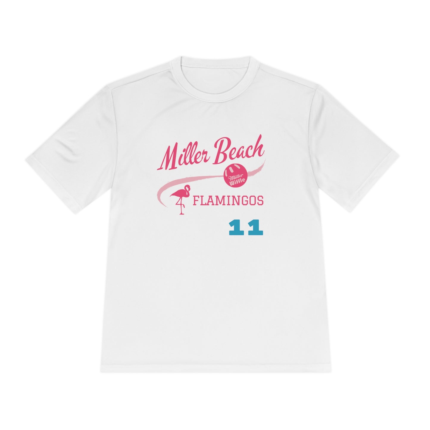 The Miller Beach Flamingos - Poncin 11 Unisex Moisture Wicking Tee by Printify features a beige shirt with "Miller Beach" in pink script, accompanied by a small illustration of a flamingo and volleyball. Below this design, the word "FLAMINGOS" is displayed in pink, with the number "11" appearing in blue near the bottom. Made from Sport-Tek PosiCharge Competitor Tee fabric, this custom moisture-wicking shirt ensures you stay cool and stylish.