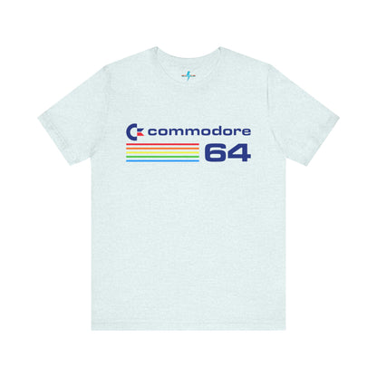 The 1980s Commodore 64 Computer C64 Unisex Jersey Short Sleeve Tee from Printify features a green T-shirt adorned with a vintage design showcasing the text "Commodore 64" and multicolored horizontal lines next to it. The word "Commodore" is emblazoned in blue alongside the Commodore logo, while the number "64" is also highlighted in blue on the right. Ideal for any retro tech enthusiast, this shirt is displayed against a white background.