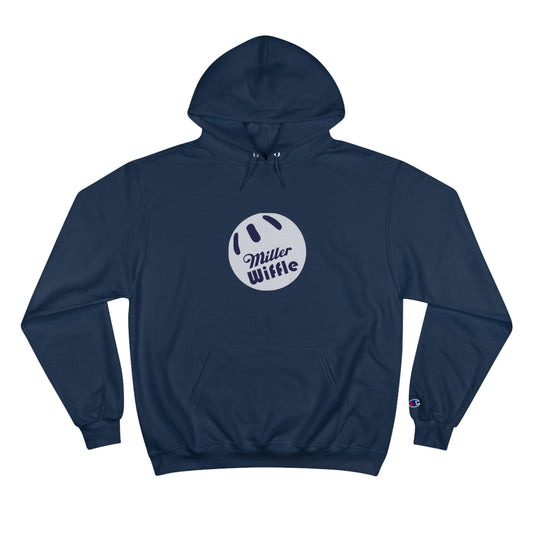 A navy blue Printify Miller Beach Wiffle Ball OG Logo - Sweatshirt, featuring a white wiffle ball graphic on the chest with "Miller Wiffle" in blue beneath it. Made from recycled polyester, this hoodie includes a front pocket, drawstrings, and the Champion logo on the left sleeve. It also offers Double Dry® technology for added comfort.