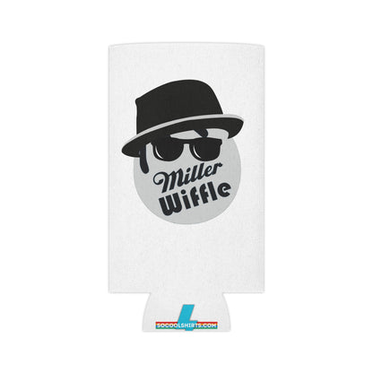 Image of the Printify Miller Wiffle Ball - Blues Brothers Koozie Can Cooler, showcasing a white can koozie with a stylized illustration of a circular face wearing a black fedora and sunglasses, reminiscent of the Blues Brothers, alongside the text "Miller Wiffle." The bottom of the cooler features "SOCOOLSHIRTS.COM" in blue and red.