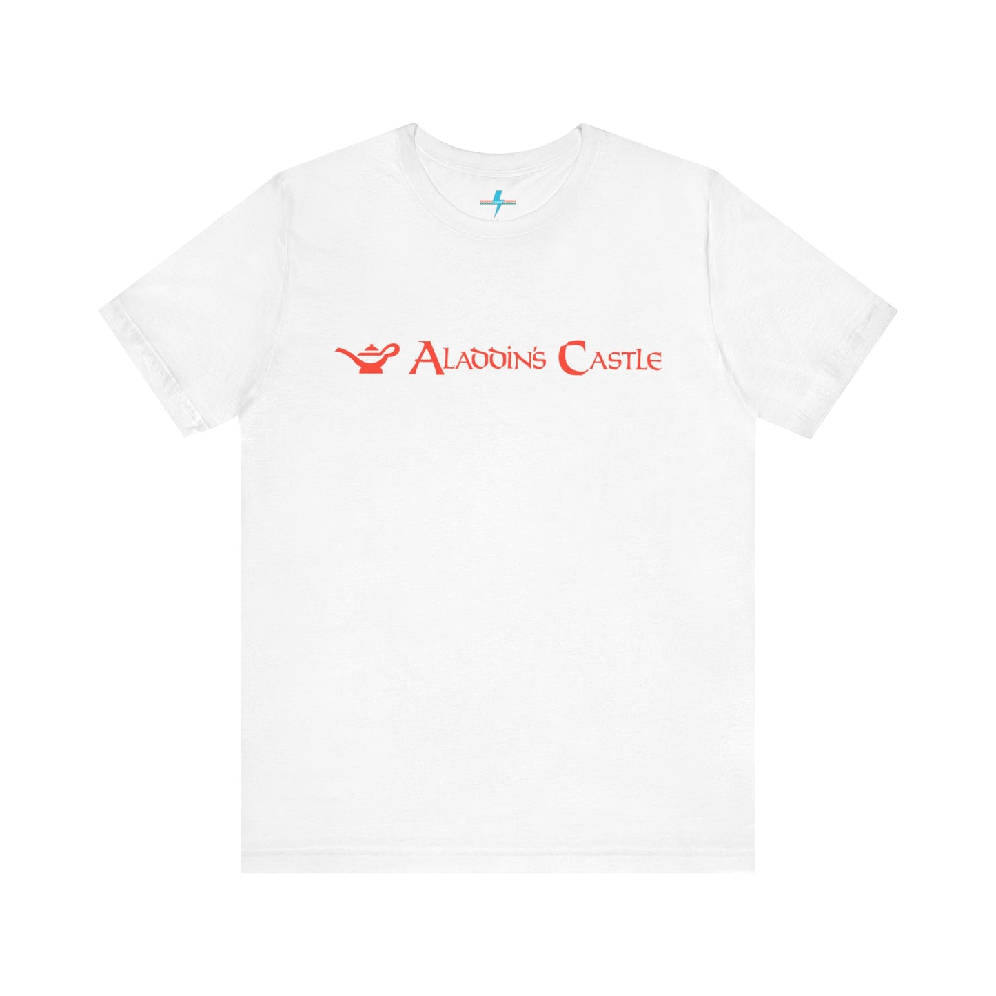 Introducing the Aladdin's Castle Arcade 1980s Unisex Jersey Short Sleeve Tee by Printify. This dark grey heather T-shirt features "ALADDIN'S CASTLE" emblazoned in bright red font across the chest, with a small silhouette of Aladdin's magic lamp to the left of the text. Perfect for fans of retro design or Aladdin’s Castle Arcade, and available exclusively from SoCool Shirts.