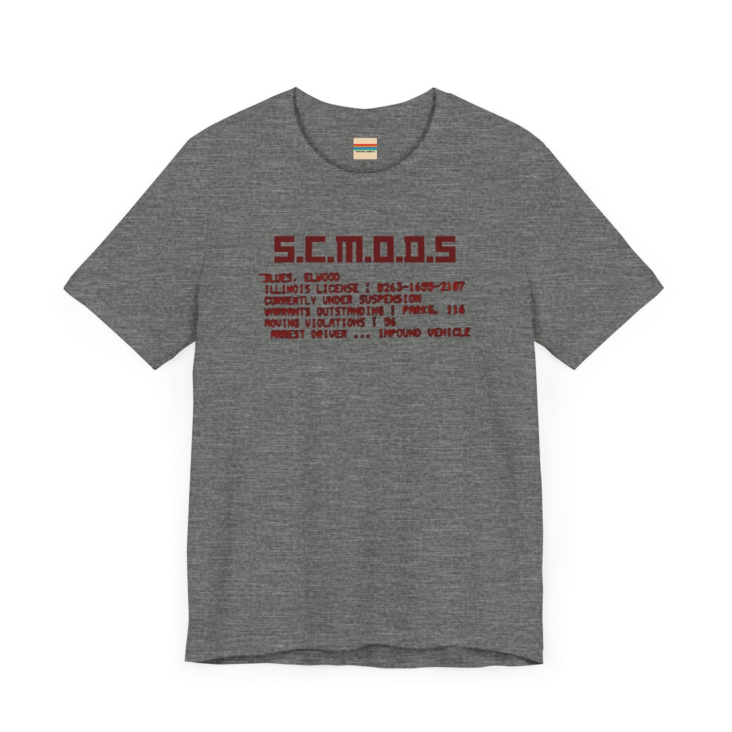 Two yellow "S.C.M.O.D.S. Blues Brother's - Unisex Jersey Short Sleeve Tee" shirts from Printify, featuring "S.C.M.O.D.S" in bold, stylized letters along with smaller text detailing terms like "Illinois," "license," and "impound vehicle." Perfect for fans of The Blues Brothers and Jake and Elwood Blues, the T-shirts are neatly folded and stacked.