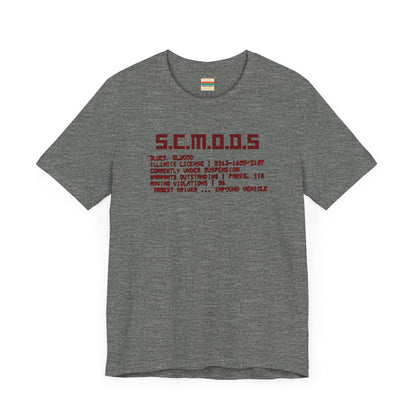 Two yellow "S.C.M.O.D.S. Blues Brother's - Unisex Jersey Short Sleeve Tee" shirts from Printify, featuring "S.C.M.O.D.S" in bold, stylized letters along with smaller text detailing terms like "Illinois," "license," and "impound vehicle." Perfect for fans of The Blues Brothers and Jake and Elwood Blues, the T-shirts are neatly folded and stacked.