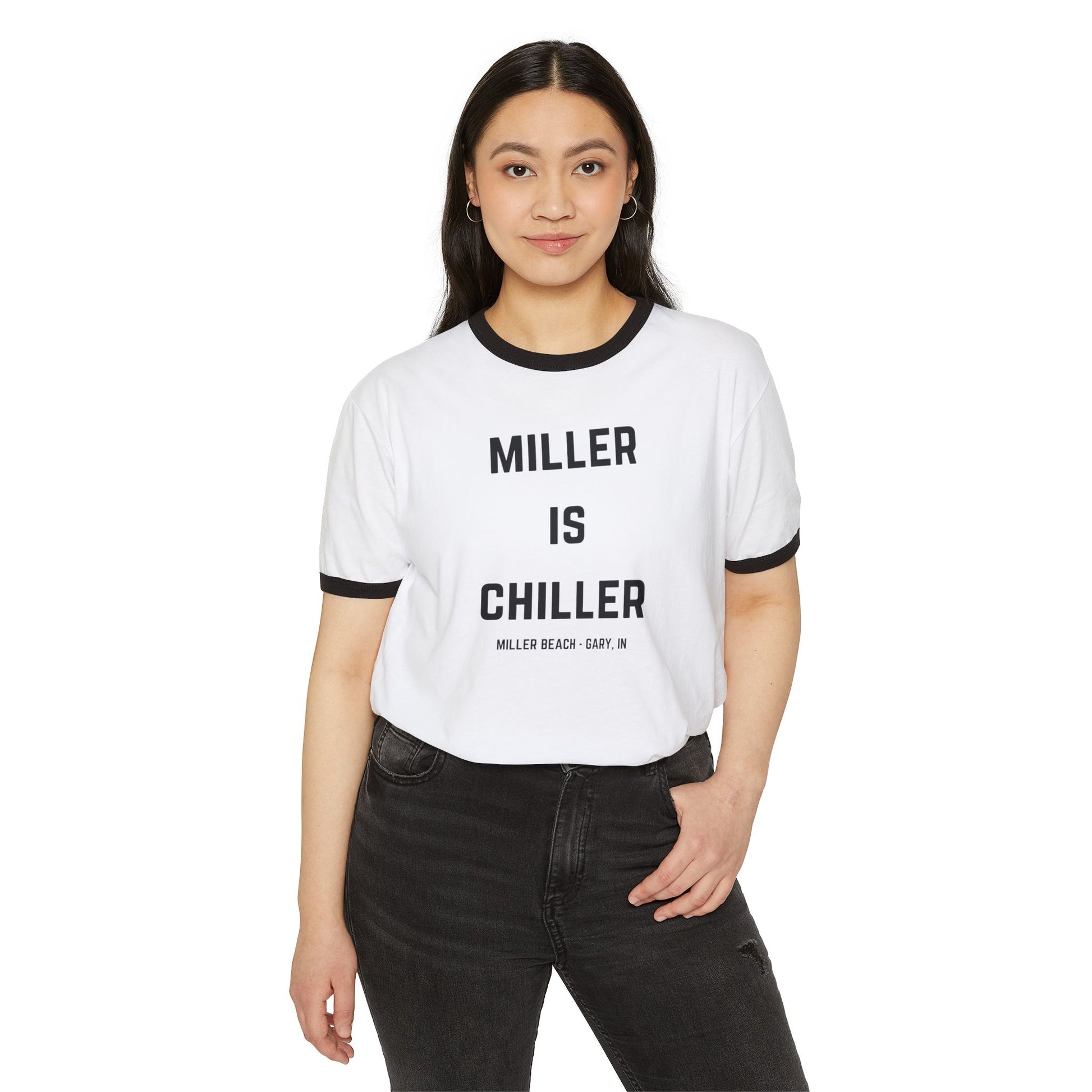 Introducing the Printify "Miller is Chiller - Miller Beach" Unisex Cotton Ringer T-Shirt: a gray shirt featuring black trim on the collar and sleeves. The bold black text "MILLER IS CHILLER" stands out, with "MILLER BEACH - GARY, IN." displayed underneath in smaller letters. Ideal for a day at Lake Michigan.