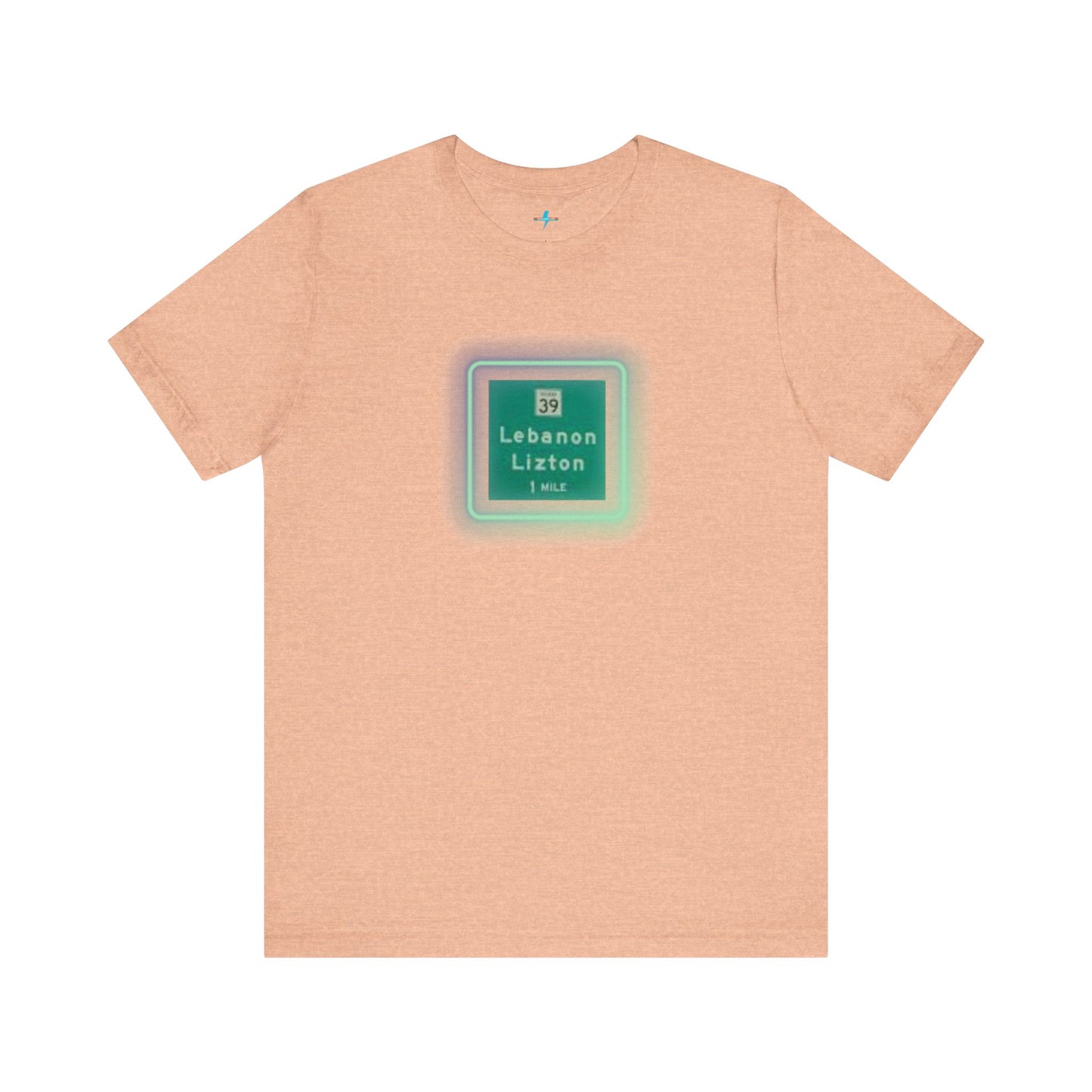 Introducing "The Lebanon Loop - Indiana" unisex jersey short sleeve tee by Printify. This green t-shirt features a graphic of a road sign displaying "39 Lebanon Lizton 1 MILE" within a slightly glowing square frame. It's crafted from 100% Airlume cotton and photographed flat on a white background.