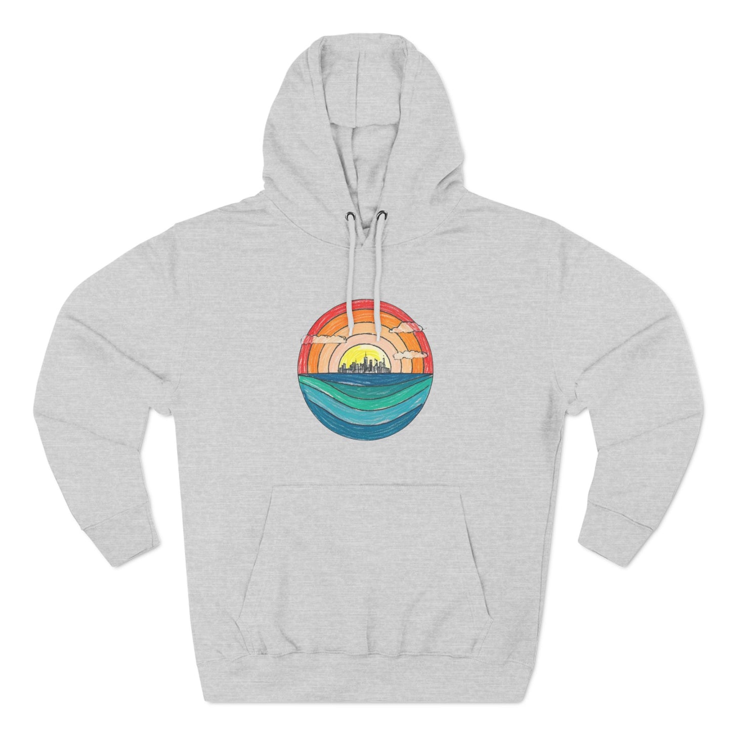 The Miller Beach Abstract - Three-Panel Fleece Hoodie by Printify is a premium light gray pullover featuring a vibrant circular front design. It showcases an abstract sunset-over-ocean scene with blue waters, an orange to red gradient sky, and a city skyline silhouette. Made from soft combed ring-spun cotton and lined with cozy fleece for extra warmth.