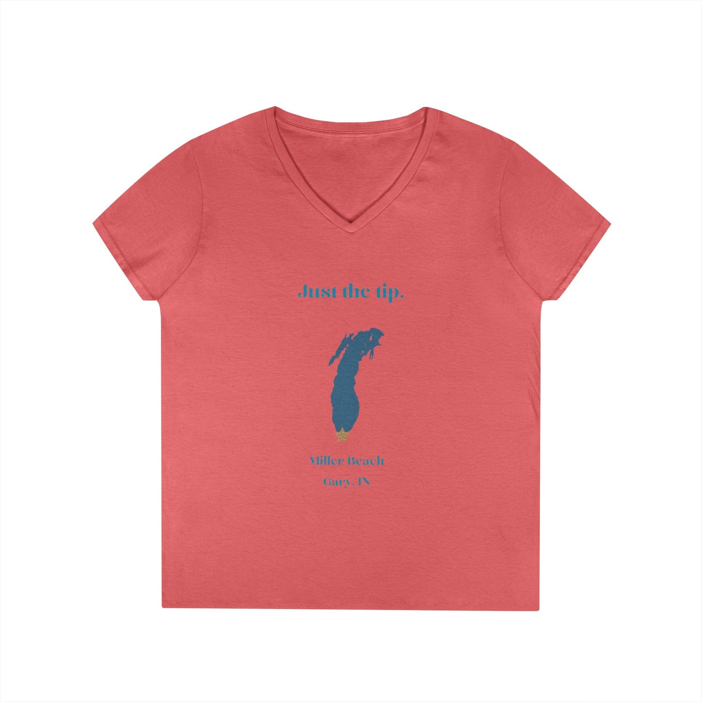 The Just the Tip - Miller Beach Ladies' V-Neck T-Shirt by Printify is a coral-colored top made from soft tri-blend fabric. It showcases a graphic of Lake Michigan accompanied by the playful text "Just the tip," along with "Miller Beach, Gary, IN" displayed below.