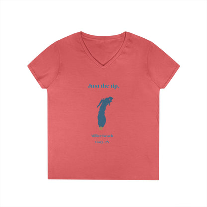 The Just the Tip - Miller Beach Ladies' V-Neck T-Shirt by Printify is a coral-colored top made from soft tri-blend fabric. It showcases a graphic of Lake Michigan accompanied by the playful text "Just the tip," along with "Miller Beach, Gary, IN" displayed below.