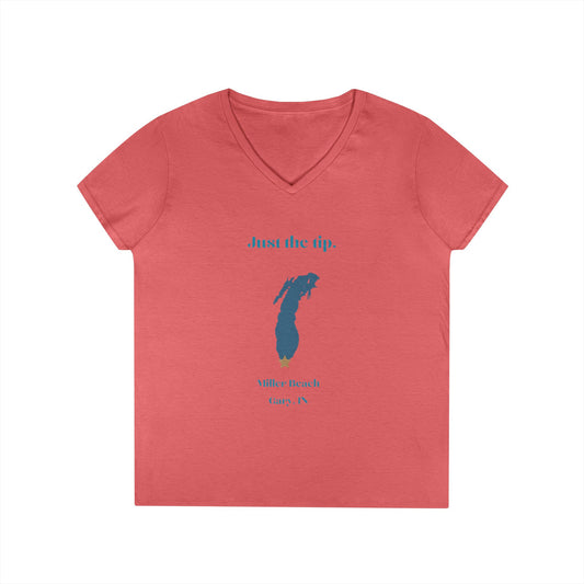 The Just the Tip - Miller Beach Ladies' V-Neck T-Shirt by Printify is a coral-colored top made from soft tri-blend fabric. It showcases a graphic of Lake Michigan accompanied by the playful text "Just the tip," along with "Miller Beach, Gary, IN" displayed below.