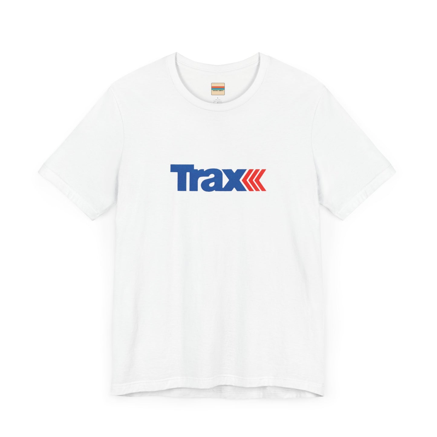 A gray unisex jersey short sleeve tee from Printify, inspired by retro 1980s Kmart style. The "Trax" logo is printed in blue letters, followed by three red arrows pointing to the right. This classic Trax Brand T-shirt is laid flat against a white background, capturing nostalgic fashion vibes.