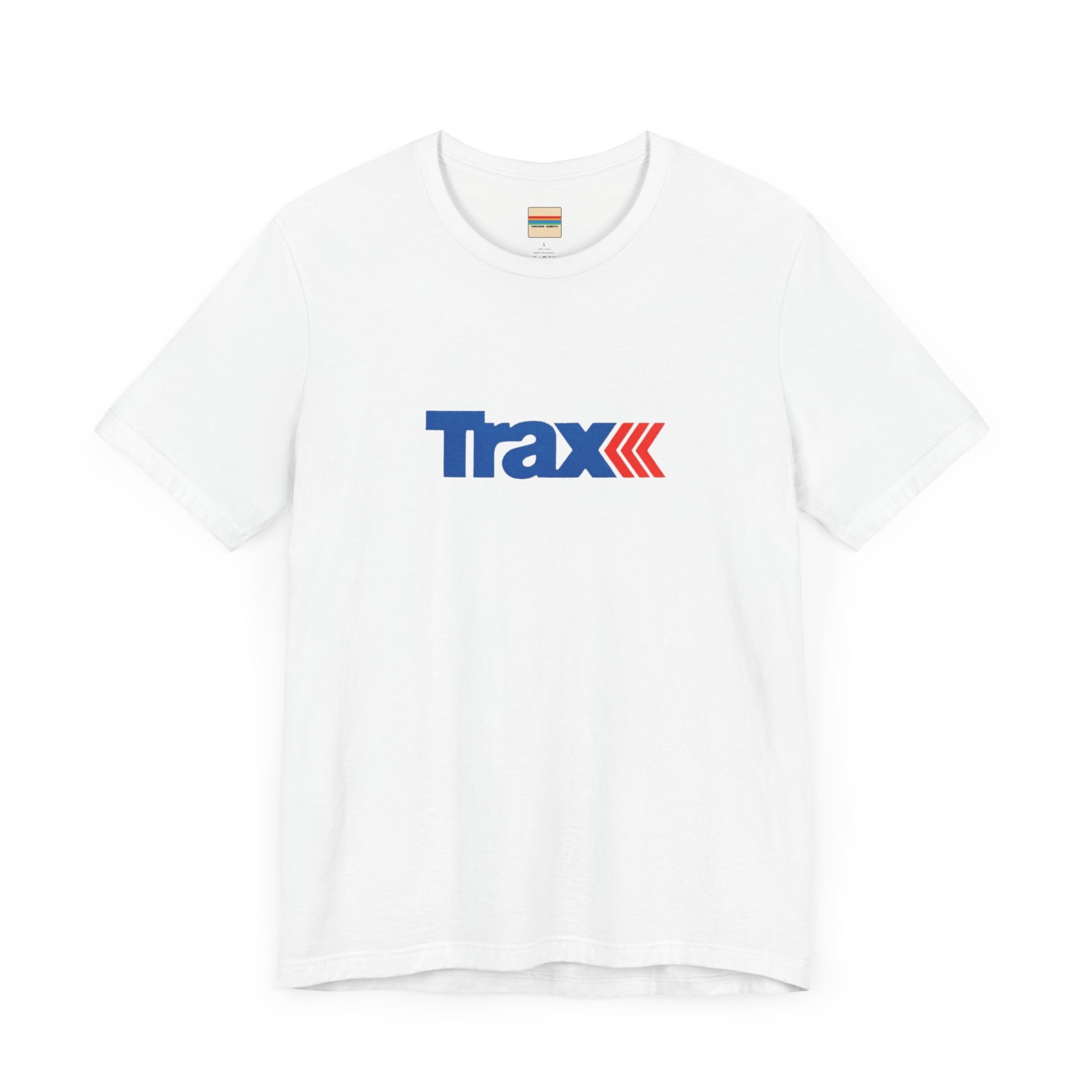 A gray unisex jersey short sleeve tee from Printify, inspired by retro 1980s Kmart style. The "Trax" logo is printed in blue letters, followed by three red arrows pointing to the right. This classic Trax Brand T-shirt is laid flat against a white background, capturing nostalgic fashion vibes.