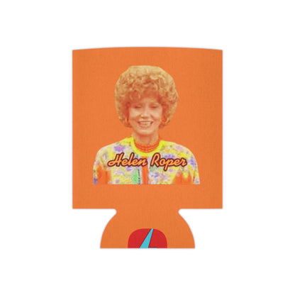 The Mrs. Roper - Three's Company - Koozie from Printify showcases a vibrant, retro-styled illustration of a woman with curly hair wearing a colorful patterned top. The name "Helen Roper" is prominently displayed on it. This can koozie exudes 1970s flair with its predominant orange color and features a small red and blue lightning bolt symbol at the bottom.