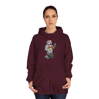 The Gay Robot - Unisex College Hoodie by Printify features a whimsical illustration of a nostalgic robot holding a smartphone. Inspired by Nick Swardson's comedic characters, the robot is grey with red and yellow highlights, balancing on one leg in its striking red design.