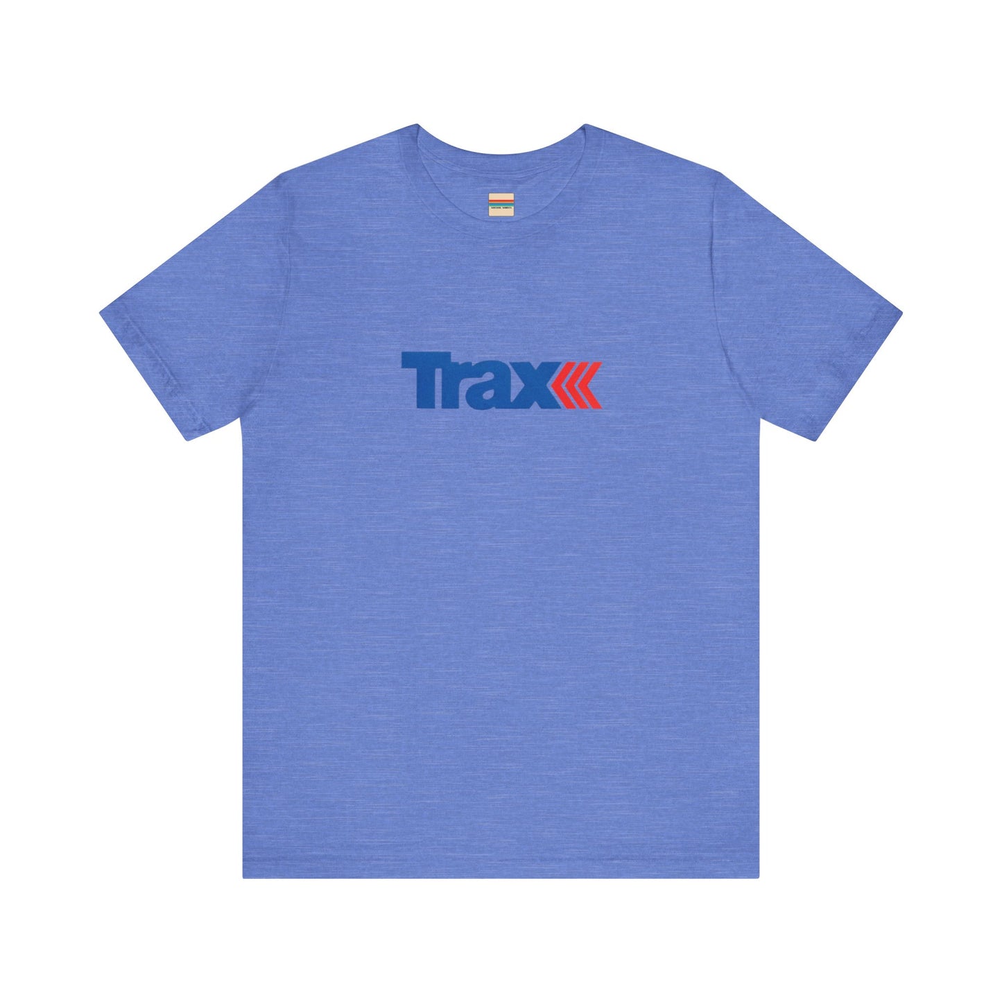 A gray unisex jersey short sleeve tee from Printify, inspired by retro 1980s Kmart style. The "Trax" logo is printed in blue letters, followed by three red arrows pointing to the right. This classic Trax Brand T-shirt is laid flat against a white background, capturing nostalgic fashion vibes.