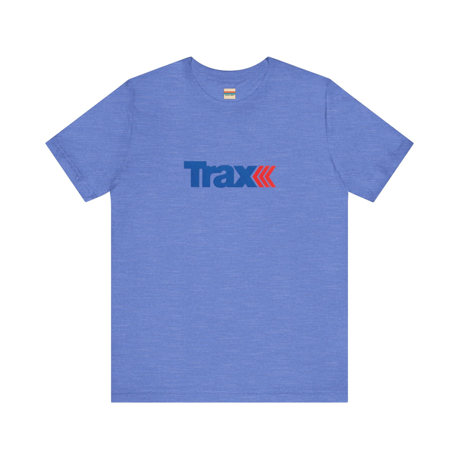 A gray unisex jersey short sleeve tee from Printify, inspired by retro 1980s Kmart style. The "Trax" logo is printed in blue letters, followed by three red arrows pointing to the right. This classic Trax Brand T-shirt is laid flat against a white background, capturing nostalgic fashion vibes.