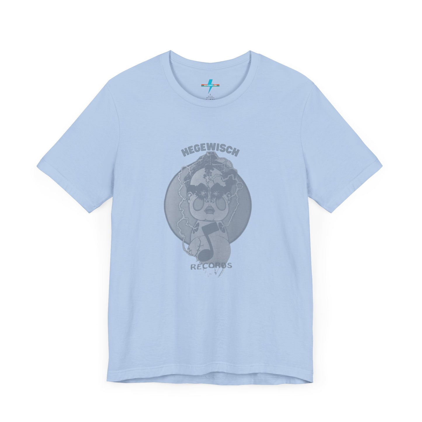 Introducing the Hegewisch Records - Retro 1980s Unisex Jersey Short Sleeve Tee by Printify: This light blue T-shirt features a central printed design with a monochromatic illustration of a stylized cartoon character with large eyes, holding or playing a vinyl record. Above the character, the text reads "Hegewisch Records" – an ideal choice for music lovers.