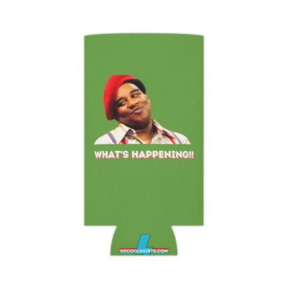 An image of the What's Happening!! Koozie by Printify shows a green beverage holder featuring a smiling person in a red cap. The bold text "WHAT'S HAPPENING!!" appears below the photo, evoking the style of 1970s TV. The base includes the website "SOCOOLSHIRTS.COM" in blue and red, making it the ideal Rerun Koozie.