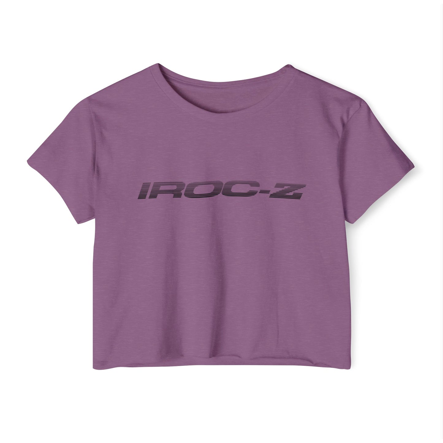 A grey, short-sleeve, rounded-neckline Women's Festival Crop Top by Printify, featuring "IROC-Z" printed in bold black letters across the chest. Perfect for any festival, this Chevrolet Iroc Z-inspired top from the 1980s stands out against a plain white background.