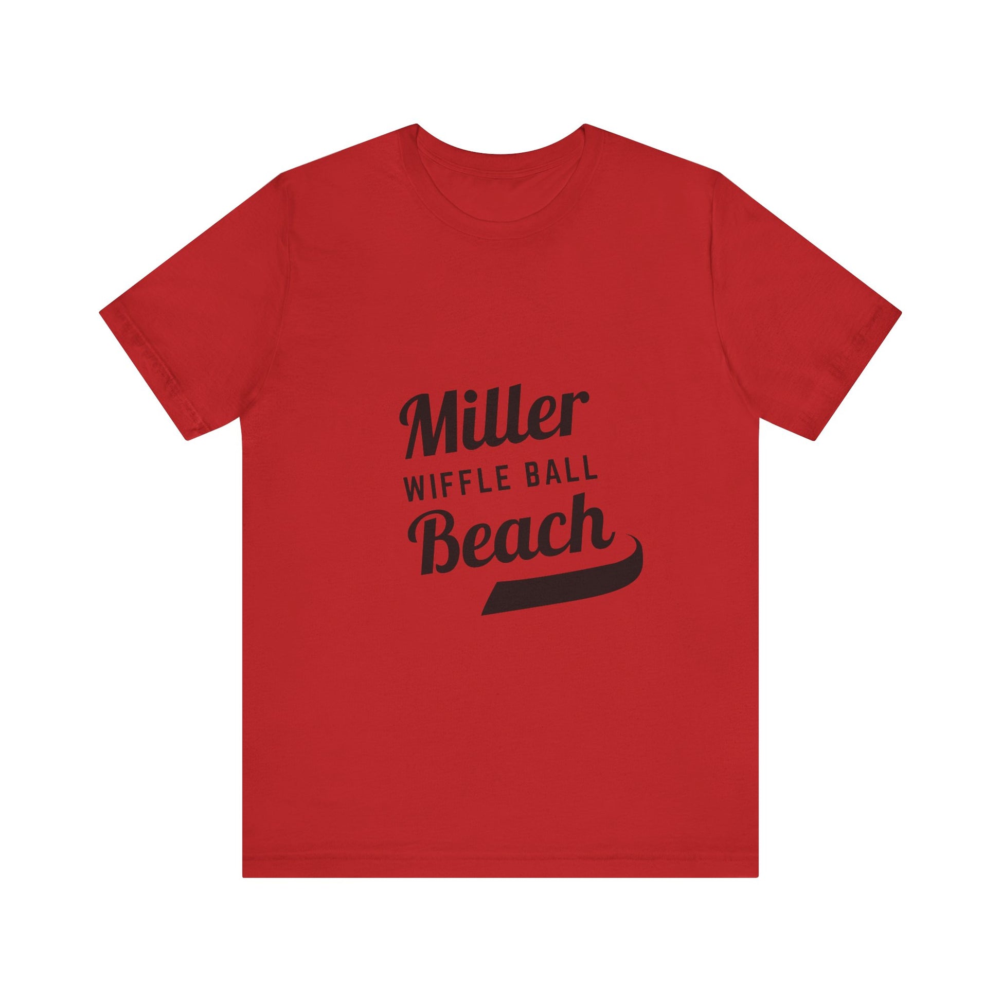 A light blue, soft cotton t-shirt with the text "Miller Beach Wiffel Ball" printed in black on the front. The design features a stylized, curved underline beneath the word "Beach," giving the text a dynamic appearance. This unisex jersey offers a comfortable retail fit for all. Product Name: Miller Beach Wiffel Ball - Unisex Jersey Short Sleeve Tee Retro Logo by Printify.