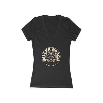 A women's deep V-neck T-shirt from Printify, featuring a dark blue jersey fabric with a custom graphic design of a cat's head encircled within the words "Miller Beach" printed on the chest. The product is named "Miller Beach Cat - Women's Jersey Short Sleeve Deep V-Neck Tee".