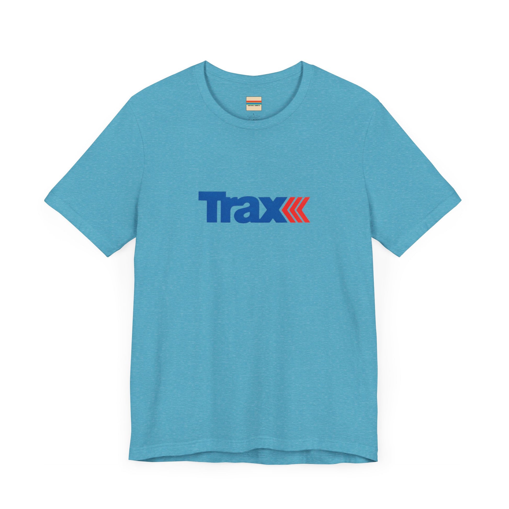 A gray unisex jersey short sleeve tee from Printify, inspired by retro 1980s Kmart style. The "Trax" logo is printed in blue letters, followed by three red arrows pointing to the right. This classic Trax Brand T-shirt is laid flat against a white background, capturing nostalgic fashion vibes.