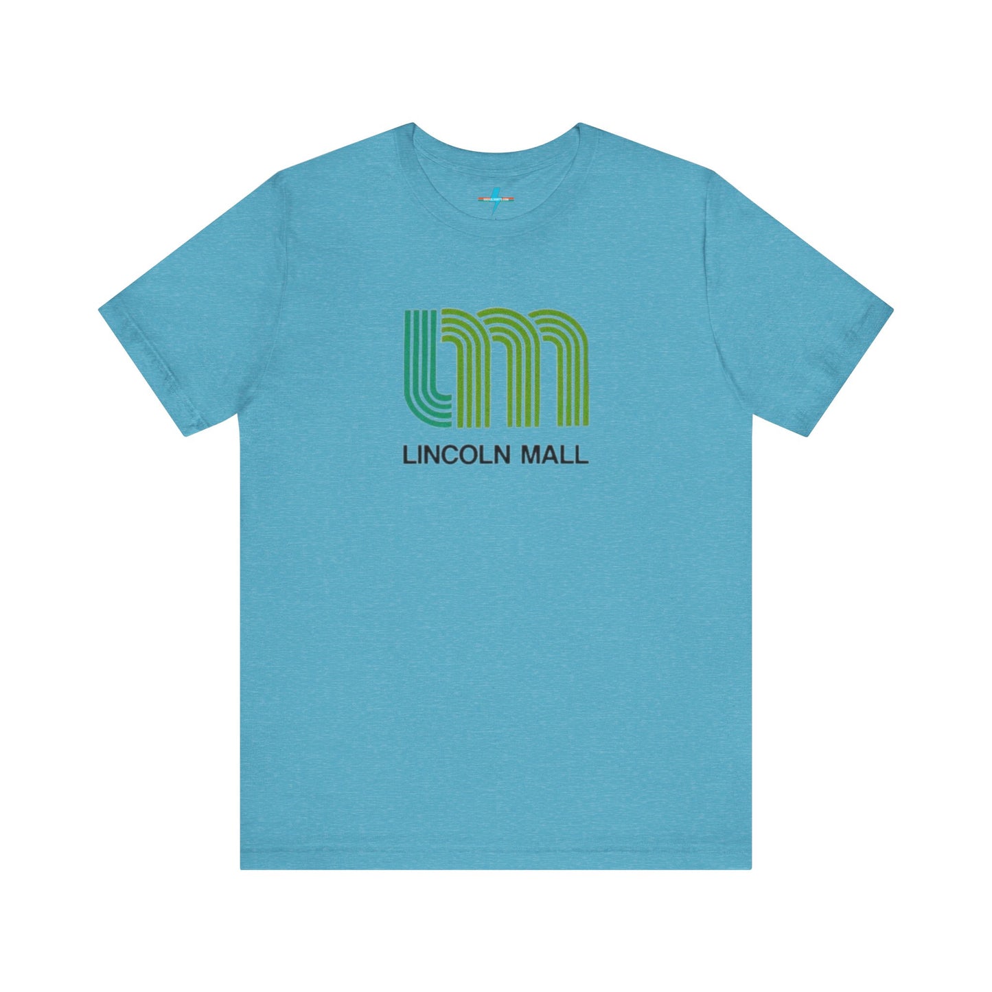 A light green unisex jersey short sleeve tee by Printify features "LINCOLN MALL" written under a retro-styled green and blue curved line design, celebrating the 70s and 80s shopping era in Lincoln Mall Matteson.