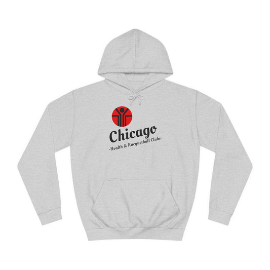 This retro hoodie from Printify features a gray design with a red and black logo depicting a stylized person reaching upward. The text "Chicago Health & Racquetball Club" adorns the front, making it perfect for vintage enthusiasts who appreciate the 1980s Chicago Health Clubs vibe. It's called the Chicago Health Clubs - Retro 1980s - Unisex College Hoodie.