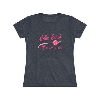 The Printify Miller Beach Wiffel Ball - Flamingos Women's Triblend Tee is a dark gray shirt featuring the text "Miller Beach Flamingos" in pink. The design showcases a flamingo standing on one foot beside a beach volleyball, exuding a fun and relaxed beach atmosphere. This limited edition tee is ideal for celebrating the World Championship of Wiff Ball.