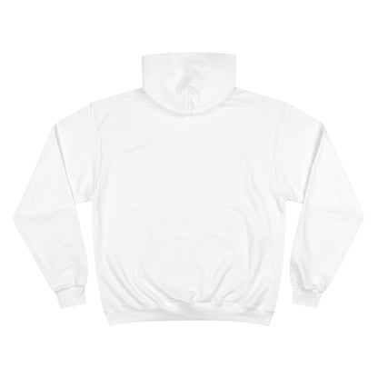 A navy blue Printify Miller Beach Wiffle Ball OG Logo - Sweatshirt, featuring a white wiffle ball graphic on the chest with "Miller Wiffle" in blue beneath it. Made from recycled polyester, this hoodie includes a front pocket, drawstrings, and the Champion logo on the left sleeve. It also offers Double Dry® technology for added comfort.