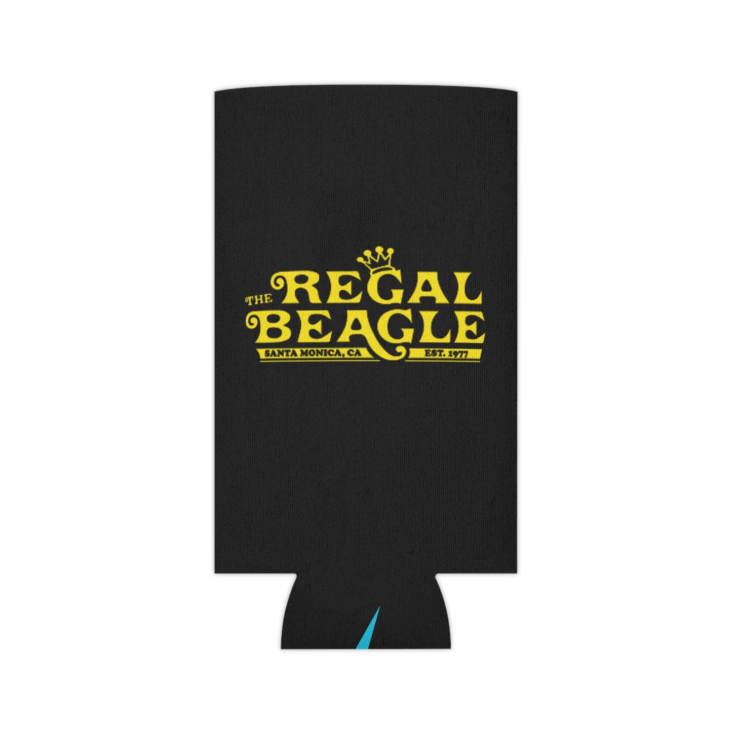 The Regal Beagle - Three's Company - Koozie by Printify features a black design with yellow text that reads "The Regal Beagle," alongside "Santa Monica, CA" and "Est. 1977." A small, partially visible URL in white and blue at the bottom reads socoolshirts.com. An ideal accessory for fans of Three’s Company!