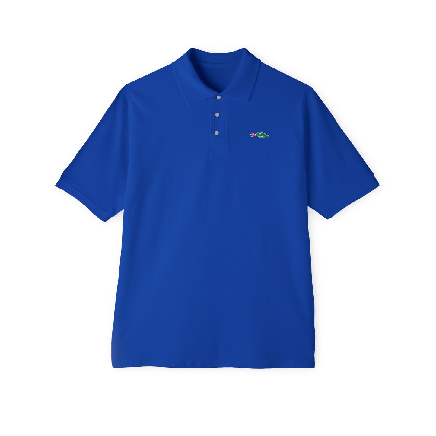 A person with curly hair wearing a navy blue Printify Braggin' Dragon - 1980s Sears Men's Piqué Polo, featuring a small embroidered dragon logo on the left chest, smiles against a plain white background.