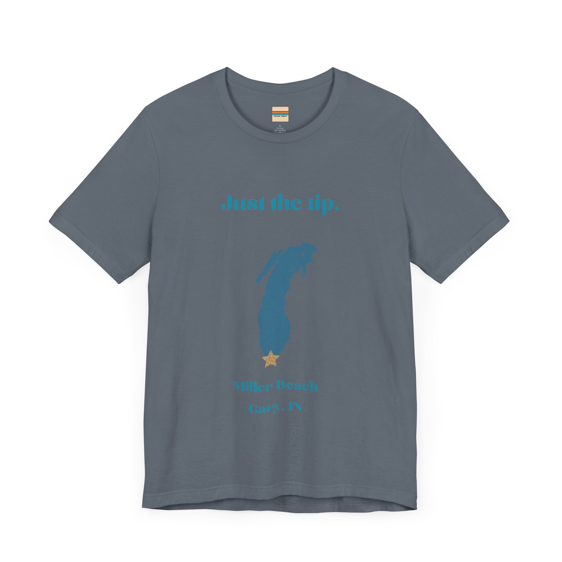 The Just the Tip - Miller Beach Unisex Jersey Short Sleeve Tee by Printify in yellow showcases text and a graphic design. The top displays "Just the tip" above a blue silhouette reminiscent of Indiana. At the bottom, it reads "Miller Beach" and "Gary, IN." Made from soft Airlume combed cotton, this tee offers both comfort and style.