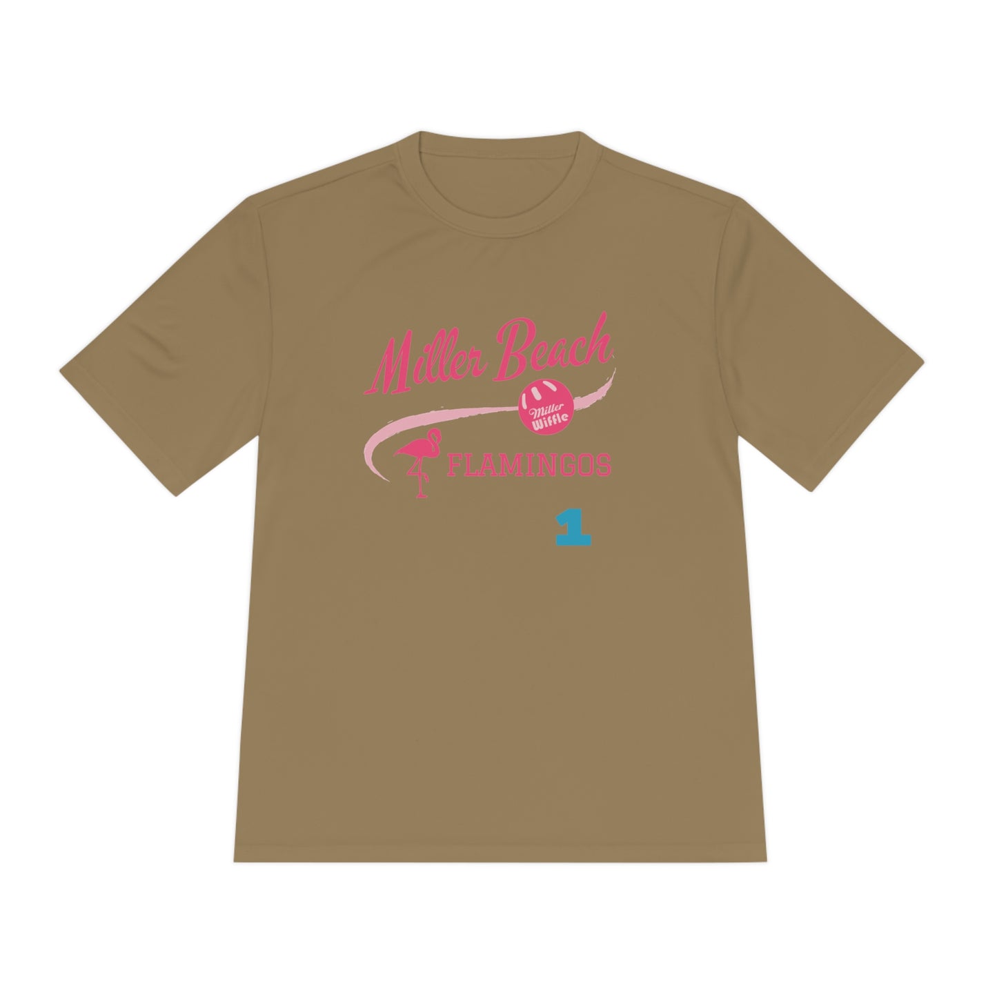 Introducing the "Miller Beach Flamingos - Jackson 01" Unisex Moisture Wicking Tee by Printify. This beige T-shirt showcases "Miller Beach" in a pink cursive font accompanied by a small pink flamingo illustration. Below, "FLAMINGOS" is displayed in bold pink capital letters, with a blue "01" on the bottom right corner. As part of the Sport-Tek PosiCharge Competitor collection, this lightweight shirt provides superior moisture-wicking performance.