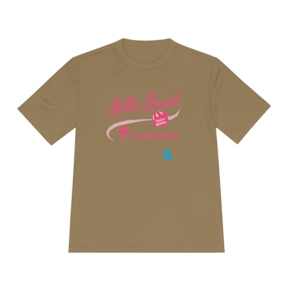 Introducing the "Miller Beach Flamingos - Jackson 01" Unisex Moisture Wicking Tee by Printify. This beige T-shirt showcases "Miller Beach" in a pink cursive font accompanied by a small pink flamingo illustration. Below, "FLAMINGOS" is displayed in bold pink capital letters, with a blue "01" on the bottom right corner. As part of the Sport-Tek PosiCharge Competitor collection, this lightweight shirt provides superior moisture-wicking performance.