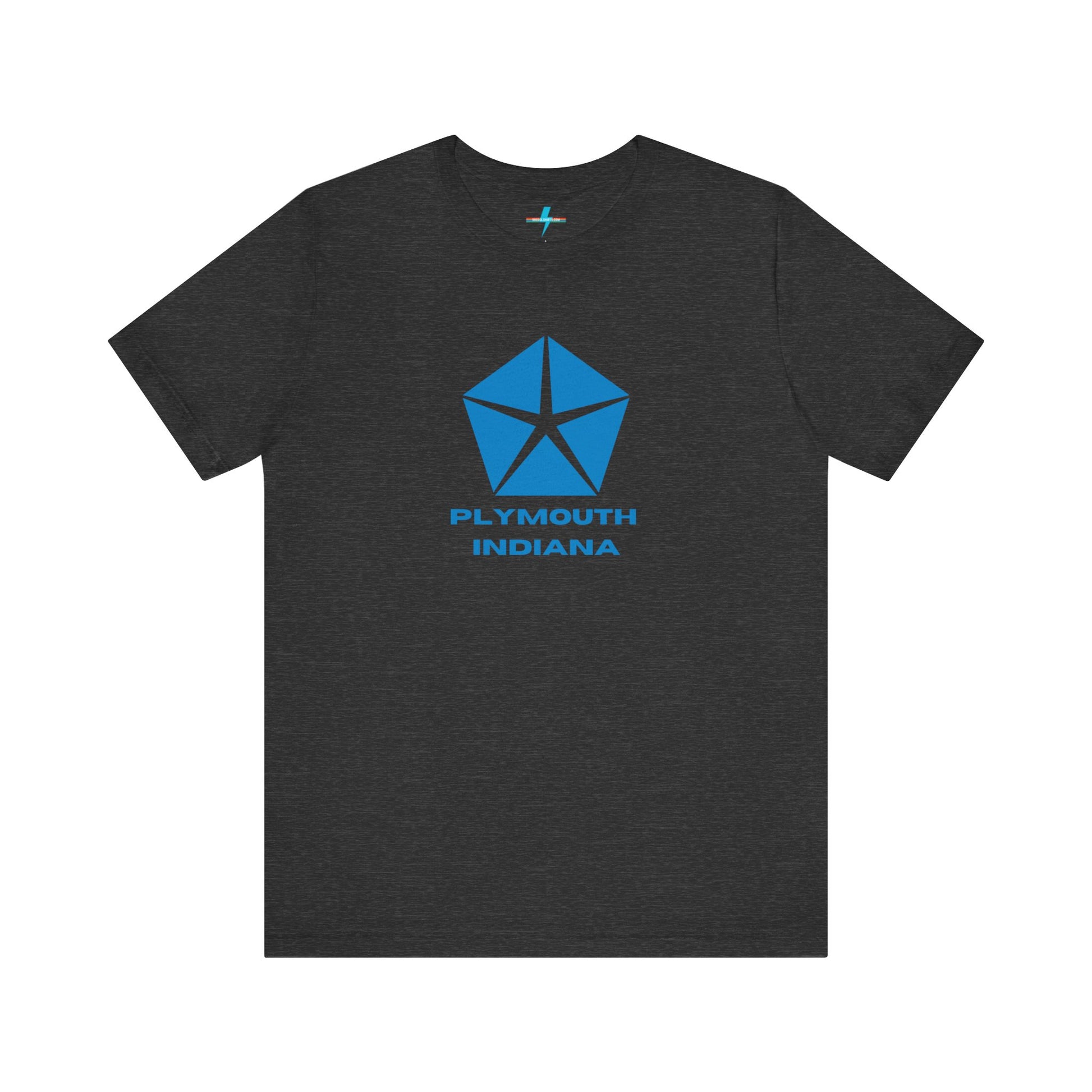 A black Printify Plymouth, Indiana Chrysler Logo T-shirt is displayed against a plain white background. The shirt features a blue, five-point star emblem reminiscent of a vintage autos design above the text "PLYMOUTH INDIANA" in blue, centered across the front. The shirt is laid out flat with the sleeves slightly bent.