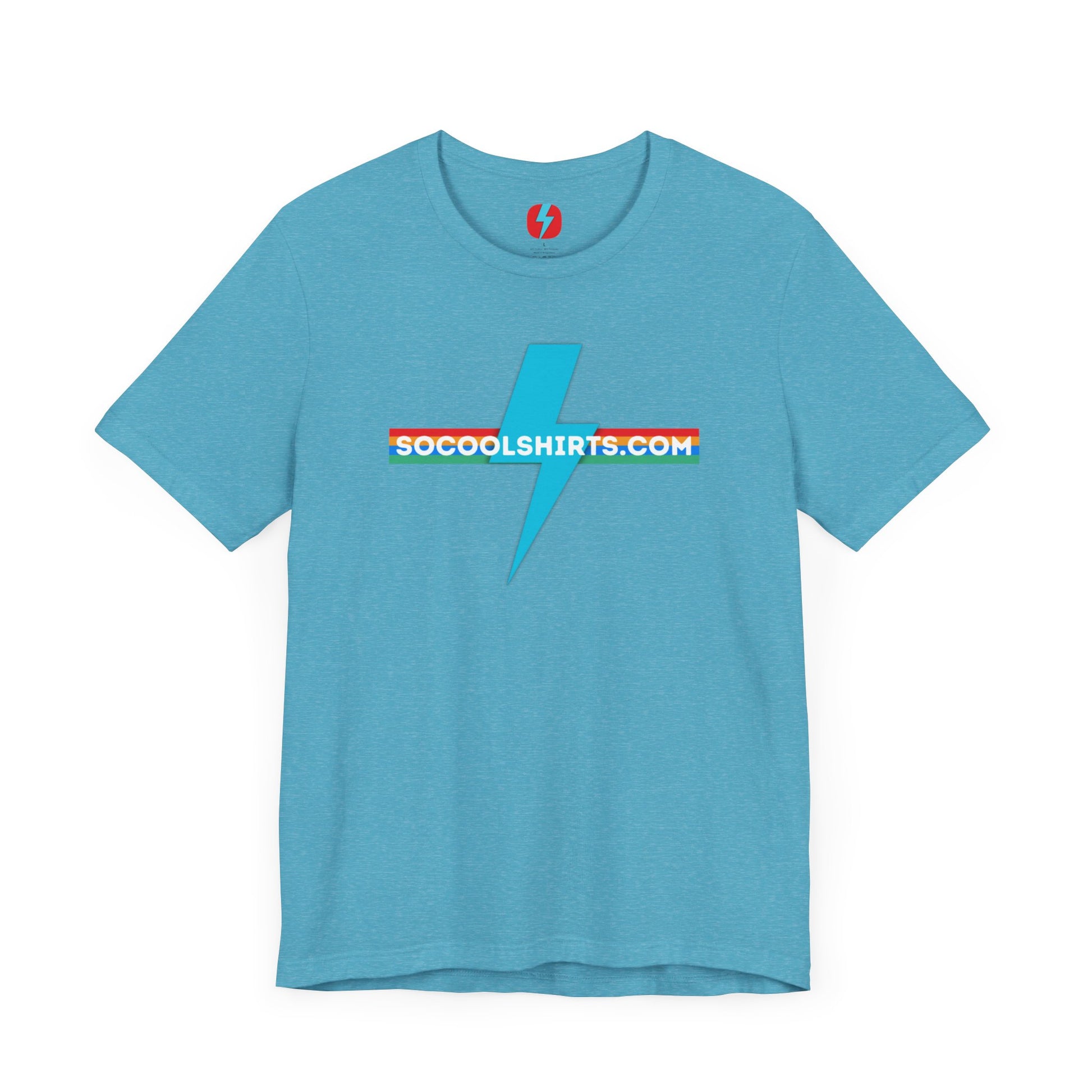 This unisex jersey short sleeve tee by Printify features a striking maroon color with a central light blue lightning bolt design. The text "SOCOOLSHIRTS.COM" is prominently displayed across the lightning bolt in white letters, set against a multicolored background that exudes retro vibes. The shirt is shown laid flat on a white backdrop.