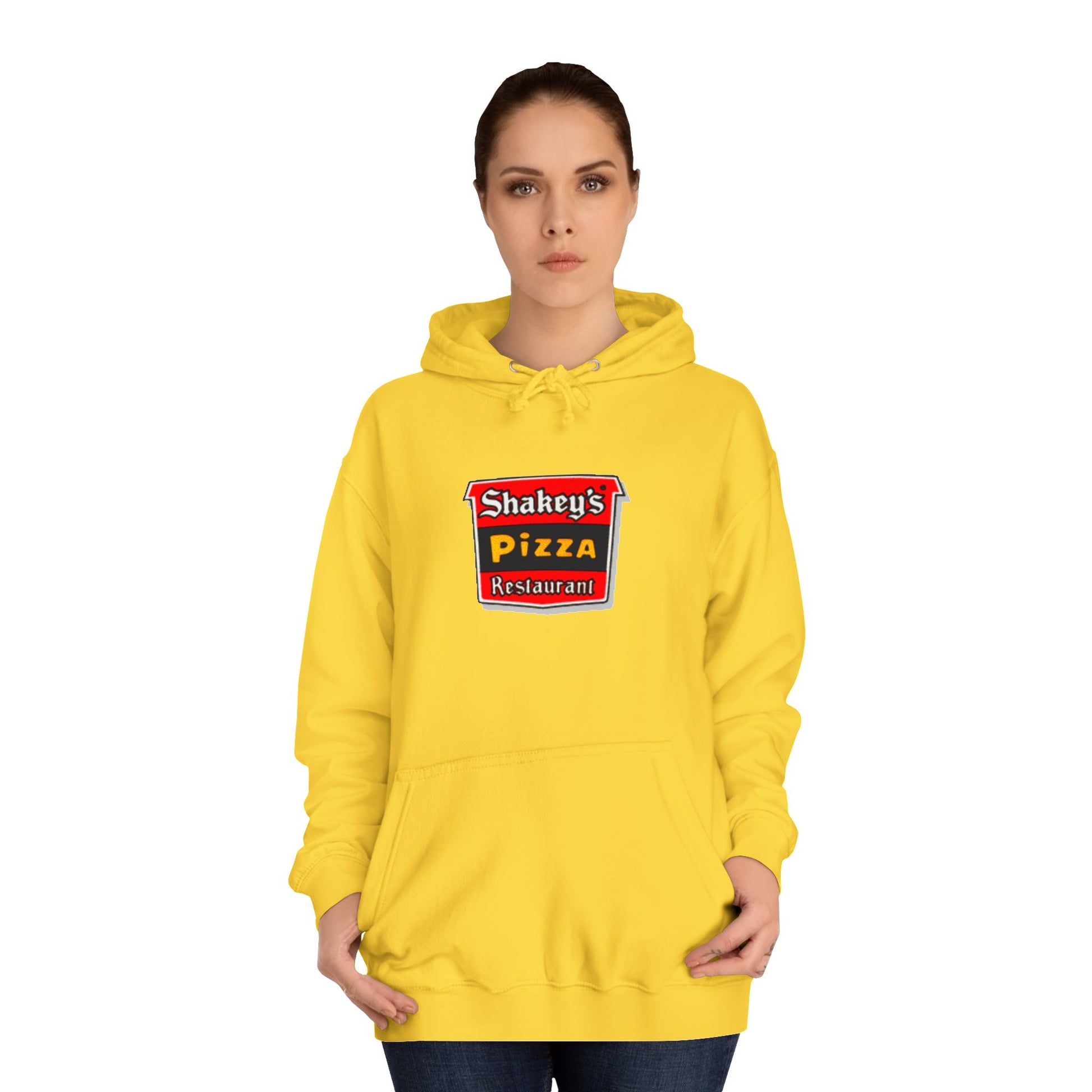 The Shakey's Pizza - 1980s Retro - Unisex Hoodie by Printify showcases a retro-style colorful logo on the front, highlighted with "Shakey's Pizza Restaurant" in bold white lettering against a striking red and black background, offering a vintage feel.