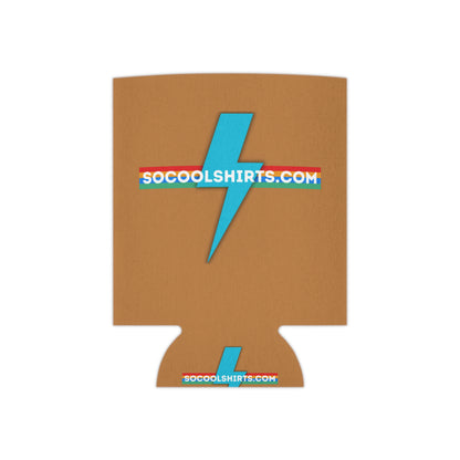 The SoCool Shirts - Koozie by Printify exudes a retro-inspired flair with its brown color and blue lightning bolt design. The website URL "SOCOOLSHIRTS.COM" stands out prominently across the middle and bottom, accentuated by yellow and red stripes.